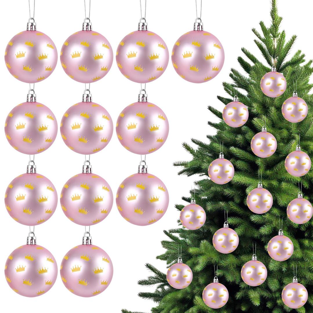 24 Pcs 2.4 Inch Pink Christmas Ball Ornaments 2025 with Gold Princess Crown Print Xmas Tree Decoration Plastic Shatterproof Christmas Hanging Baubles for Witch Movie Party Home Holiday Decor
