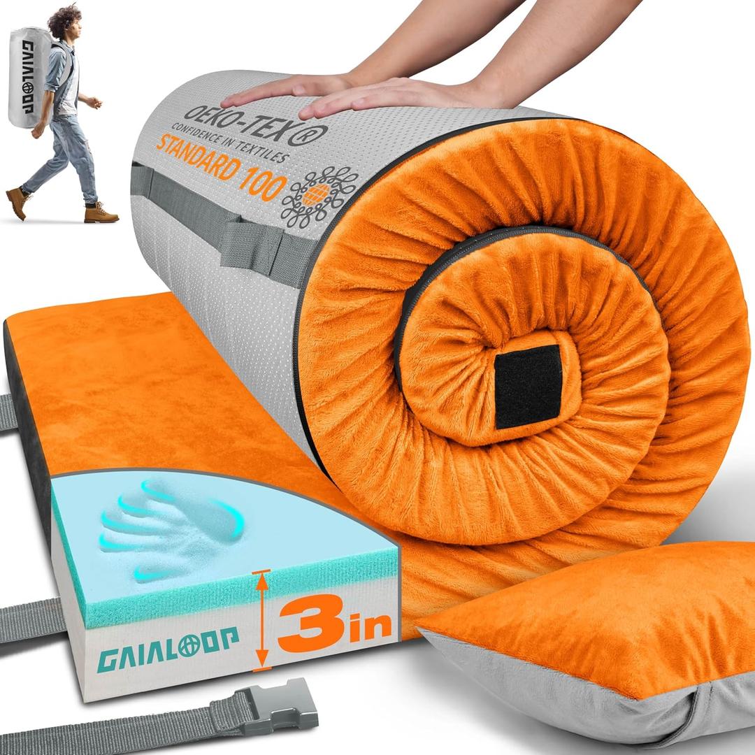 GAIALOOP 3 Inch Memory Foam Camping Mattress, Dual Layer Thick Sleeping Camp Pad for Car Tent Cot, Roll-Up Portable Glamping Floor Bed for Guests Sleepover, Twin: 75*38*3"