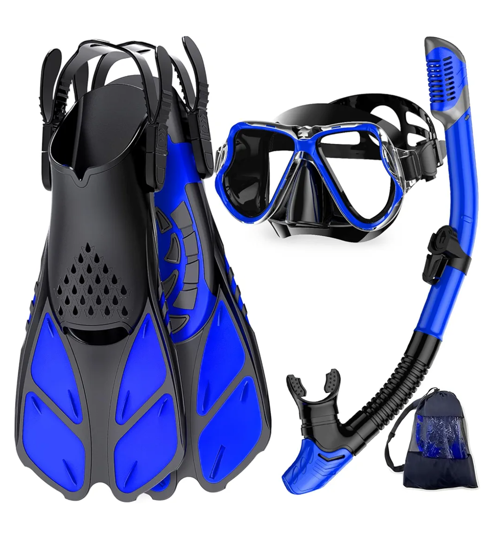 Zenoplige Mask Fins Snorkel Set, Snorkeling Gear for Adults, Panoramic View Snorkel Mask Anti-Fog, Adjustable Dive Flippers, Dry Top Snorkel and Travel Bag, Scuba Gear for Swimming Snorkeling Diving