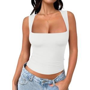 REORIA Butsmooth Women's Square Neck Going Out Crop Tops Double Lined Cute Basic Tank Tops 2026 Clothes (White, L)