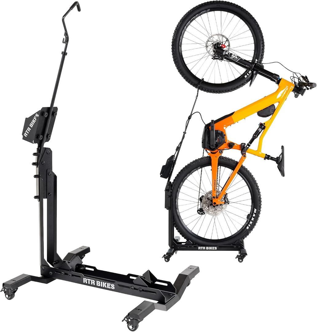 RTR BIKES Brutus Up Pro Mobile Vertical Bike Stand Rolling Garage Rack with E-Bike Charger Mount Heavy Duty 66 lbs Capacity Fits 24-29" Wheels & 3.5" Tires Made in EU