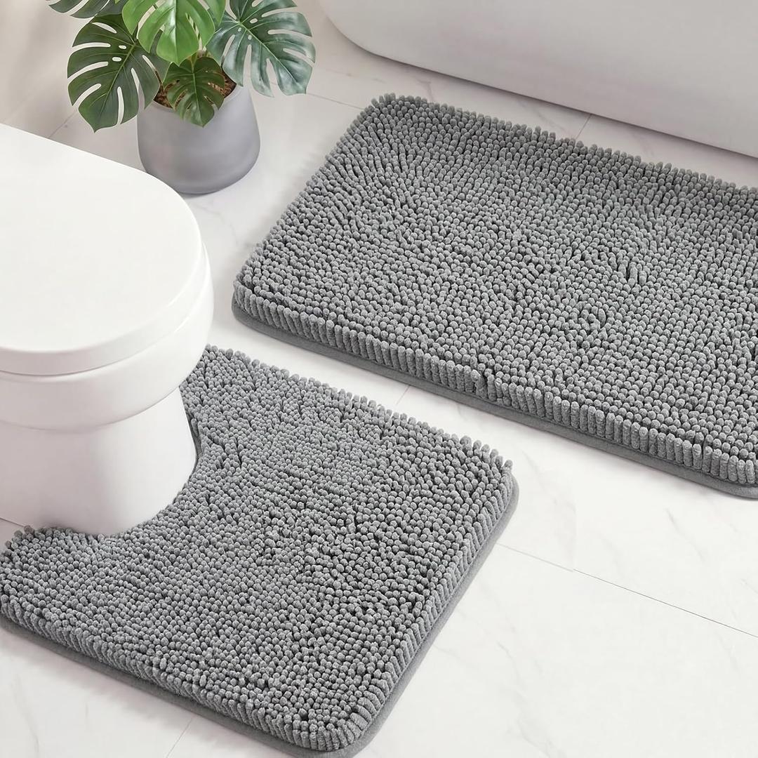 Bathroom Rugs Sets 2 Piece, Ultra Absorbent Chenille Non Slip Bathroom Mat Set - 16'' x 24'' U-Shaped Contour Toilet Rug & 24'' x 21'' Extra Soft Plush Bath Mat - Machine Washable, Grey