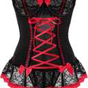 Sexy Mesh Corset Ruffle Lace Up Underwire Sheer Garter Belt Babydoll Lingerie Set With Thong 3 Piece Women (Large, Black Red)