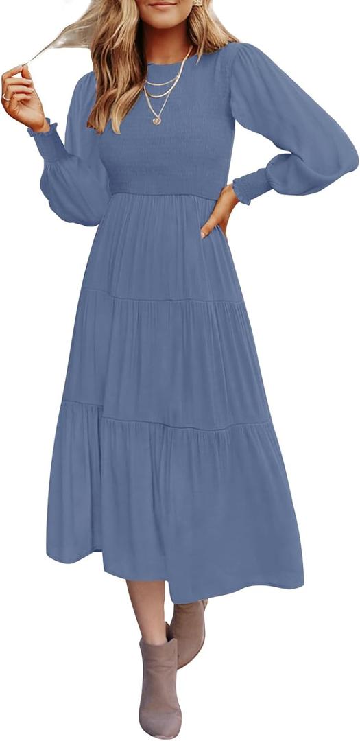 ZESICA Women's Casual Long Sleeve Crew Neck High Waist Smocked Flowy Tiered Midi Dress (Blue, M)
