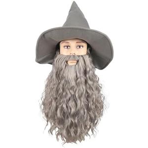 QACCF Qacf Long Curly Men's Wizard Mustache Wig Halloween Costume Cosplay Viking Fake Beard Wig (Grey)