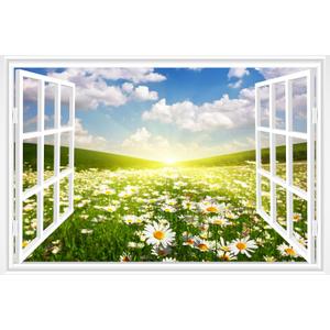 Fake Window for Walls Faux Window Decal Windows Poster Picture Open Window Wall Art Decor, Stick and Peel Wallpaper Nature Wall Decol Daisy Grass Scene Mural, 16"x24"