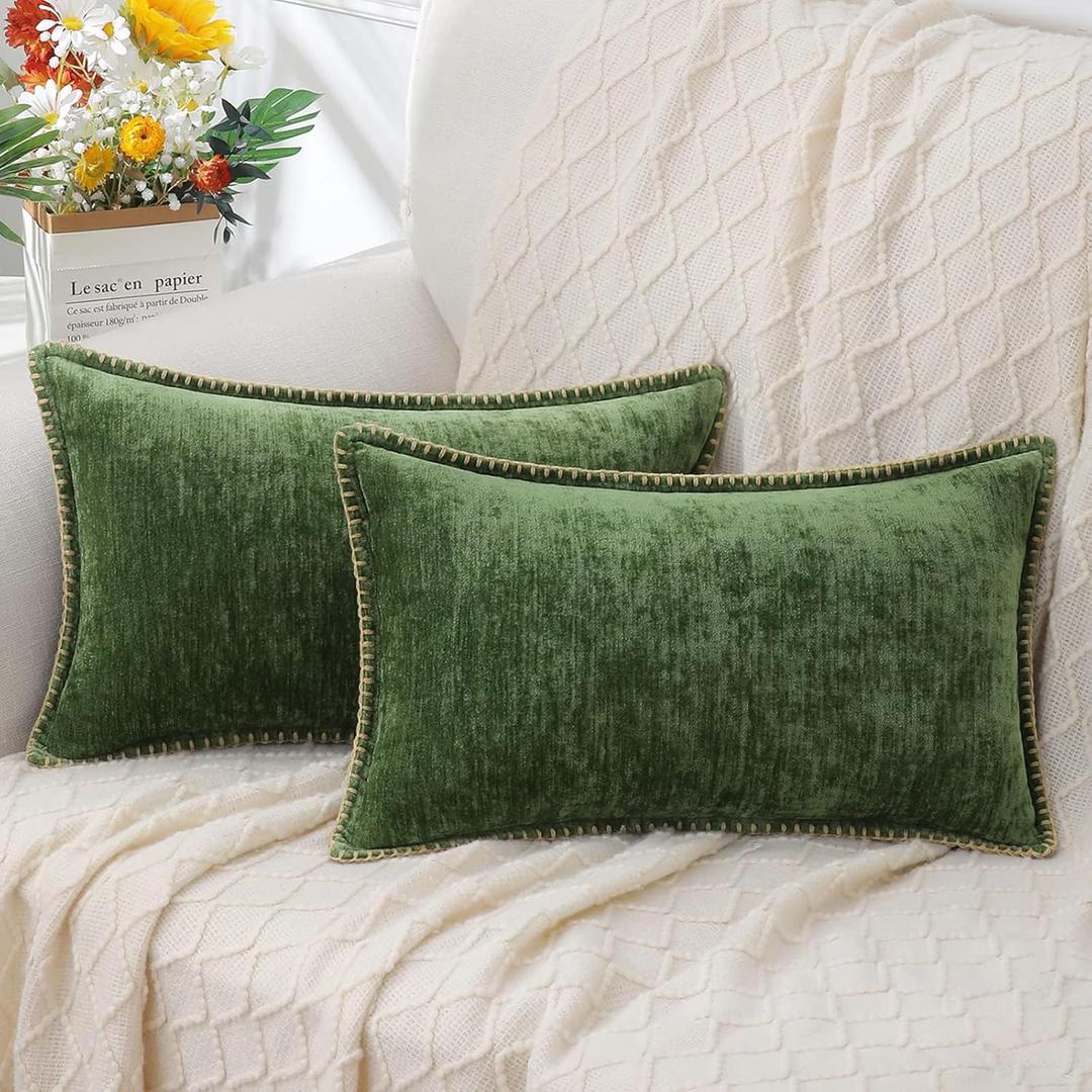 decorUhome Fall Chenille Soft Throw Pillow Covers 12x20 Set of 2, Lumbar Velvet Farmhouse Neutral Decorative Pillow Covers with Stitched Edge for Couch Sofa Bed Home Decor, Forest Elf