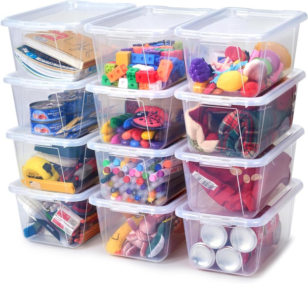 GAMENOTE 6 Quart Storage Bins with Lids, Plastic Latching Box for Classroom & Kids Toy Storage,Stackable Shoe Box Size Containers for STEM Morning Tubs, Crafts & Building Blocks (12, Clear)