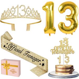13th Birthday Decorations for Girls with 13th Birthday Crown, Official Teenager Sash, Candles and Cake Topper, Number Balloons, Teen Girl Gifts for 13 Year Old Girls