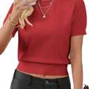 Womens Cropped Short Sleeve Sweater Fall 2025 Crewneck Sheer Knit Tops - Lightweight, Thin, Crop, Slim Fit (Medium, Red)