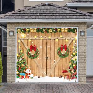 Upgraded Magnectic Christmas Garage Door Cover 7x8 Ft, Wooden Door Design, Light-Up Banner Decoration