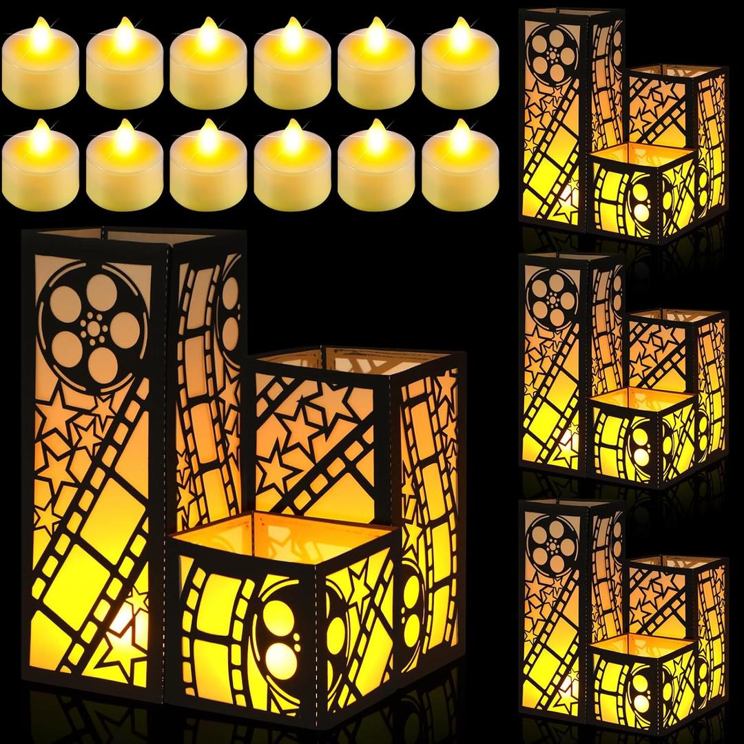 12 Pcs Movie Centerpieces for Table 3 Size Movie Night Party Decorations Paper Lantern Boxes for Theater Themed Party Supplies Wedding Birthday 3D Table Decorations (Black)