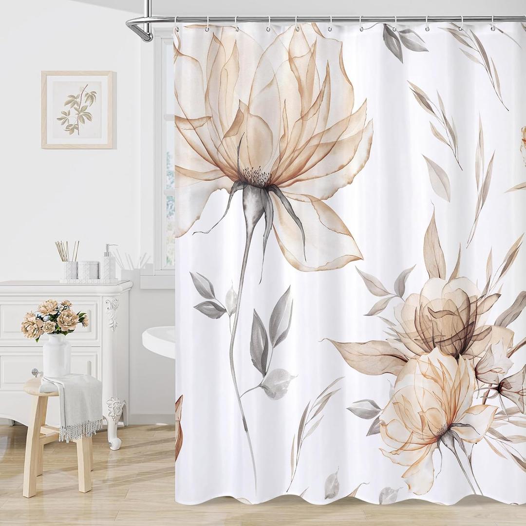 Litabel Light Brown and Grey Boho Watercolor Floral Shower Curtain, Ink Painting Style Blossom & Leaf Shower Curtains for Chic Elegant Bathroom, Artistic Tan Fabric Flower Shower Curtain, 72x72