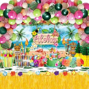 Hawaiian Luau Party Decorations(161 Pcs), Tropical Summer Beach Pool Party Supplies Including Aloha Backdrop, Table Skirt, Tablecloth, Flamingo, Palm Leaves And Hibiscus, Balloons Arch, Straws,