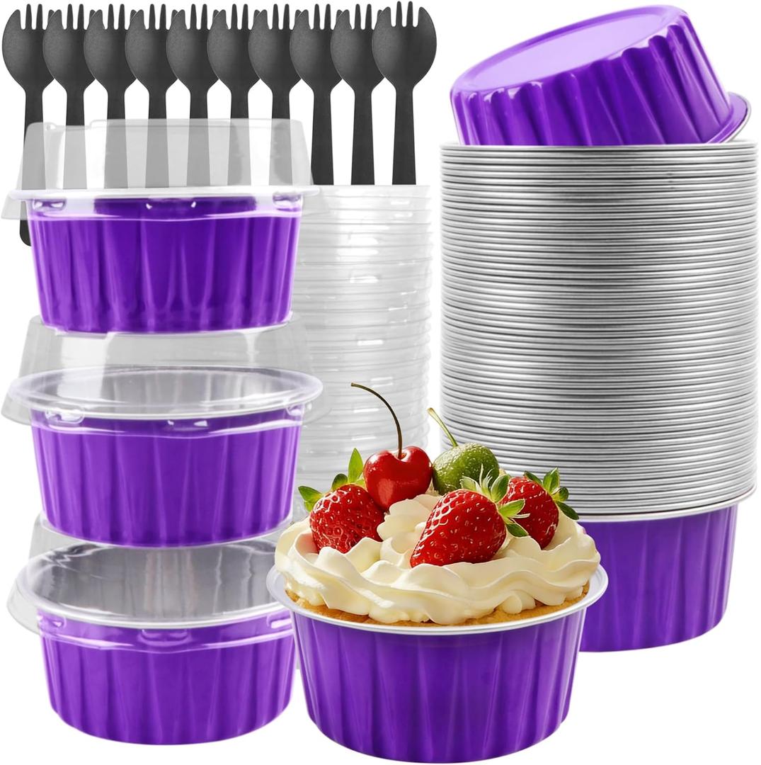 50 Pack 5oz Round Disposable Aluminum Foil Baking Cups, Mini Cake Pans with Lids, Muffin Tin Ramekins for Weddings & Parties-Purple
