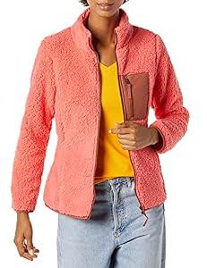 Amazon Essentials Women's Sherpa Long-Sleeve Mock Neck Full-Zip Jacket with Woven Trim,  Brown Coral Pink Color Block, XX-Large