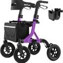Rollator Walker for Seniors, Foldable All Terrain Rolling Walker with seat, Aluminum Walkers with 10 inch Rubber Wheels, Built-in Cable, Cup Holder, Adjustable Handles and Backrest for Seniors, Purple