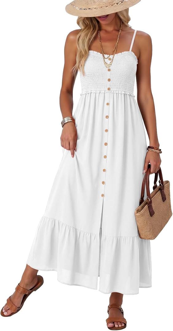 Dokotoo Womens Summer Dresses 2026 Sleeveless Spaghetti Strap Button Down Smocked Beach Vacation Long Maxi Dress with Pockets (White, L)