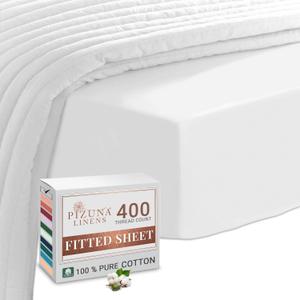 Pizuna Pure 100% Cotton King Fitted Sheet Only, Luxurious 400 Thread Count Long Staple Cotton Sateen Weave 15" Deep Pocket Fitted Sheet (Combed White King Fitted Sheet Cotton)