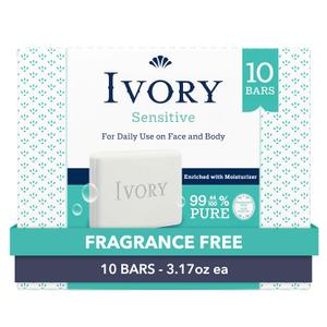 Ivory Sensitive Bar Soap, Designed for Whole Family, Fragrance Free, 99.44% Pure Formula, Plant-Based Cleanser, Made Without Heavy Perfume, Parabens, Phthalates, For All Skin Types, 3.17 oz (10 Count)