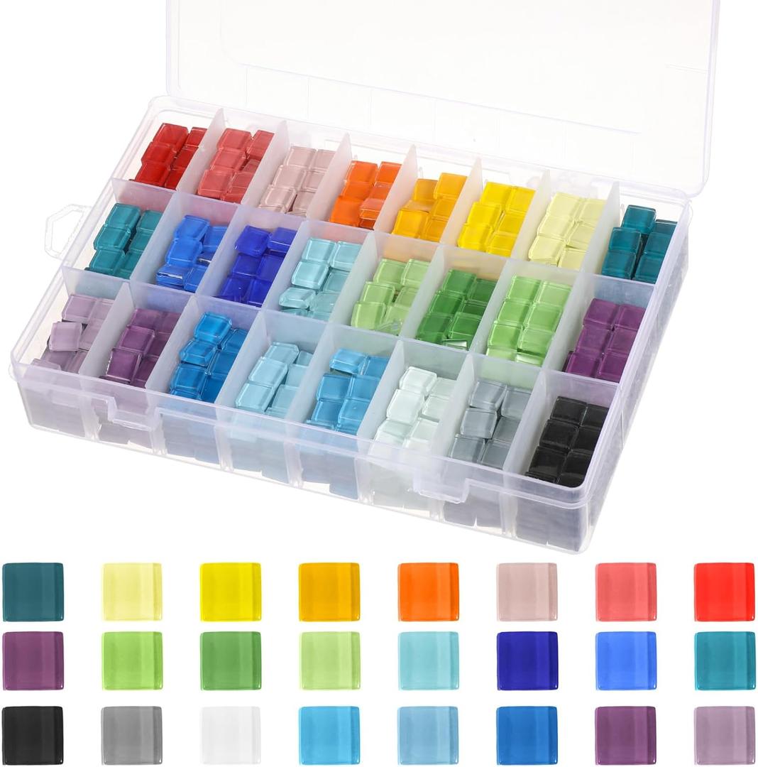 2.31 LB/1100 Pcs Glass Mosaic Tiles Bulk, 24 Colors Clear Mosaic Tile for Crafts with Storage Box 0.4 Inch Square Crystal Glass Pieces for Art DIY, Home Decoration