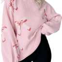 Womens Oversized Cute Bow Tie Sweater Spring 2025 Cozy Chunky Ribbed Knit Crewneck Long Sleeve Pullover Tops (X-Large, Pink)