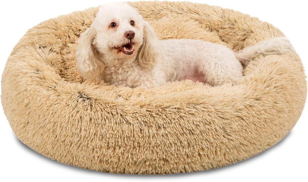 Best Choice Products 38in Dog Bed Self-Warming Plush Shag Fur Donut Calming Pet Bed Cuddler w/Water-Resistant Lining, Raised Rim - Brown