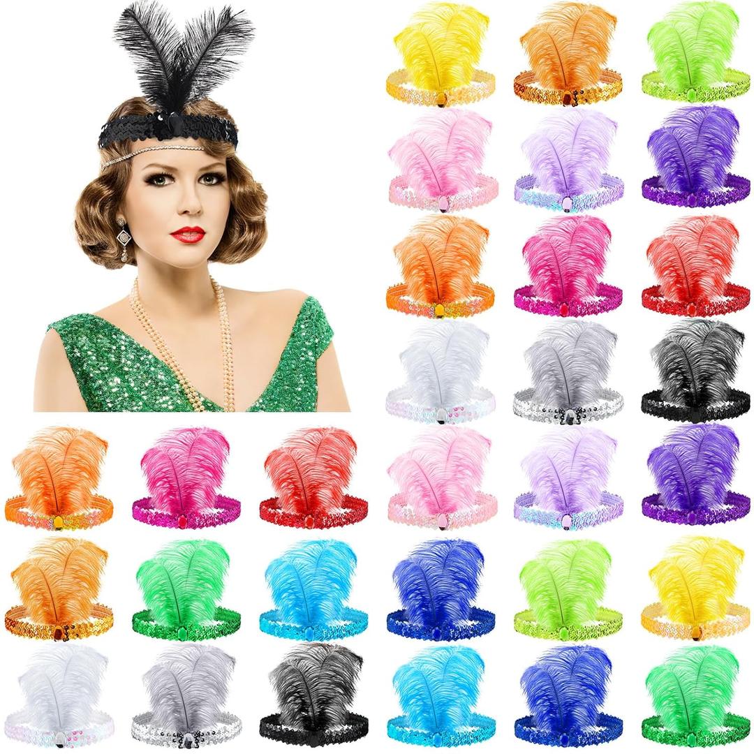 Jexine 30 Pcs 1920s Flapper Headband Bulk for Women Roaring 20s Hair Costume Flapper Headpiece (Bright Colors)