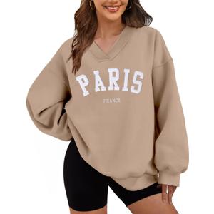 HEYTALALA Womens Oversized Sweatshirts Fleece Sweaters Long Sleeve Crewneck Hoodies Fall Solid Color Drop Shoulder Pullovers (Large, Pr-khaki)