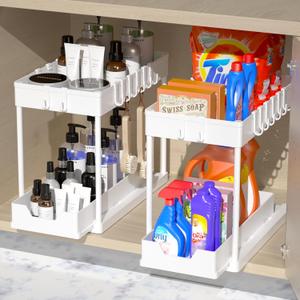 mosala 2 Pack Under Sink Organizers and Storage - 2 Tier Sliding Bathroom Cabinet Organizer with Hooks - Multi-Purpose Under The Sink Organizer Kitchen - White
