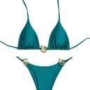 Milumia Women's 2 Piece Halter Tie Back Cheeky Swimsuit Metal Decor Triangle Thong Bikini Set (Small, Teal Blue)