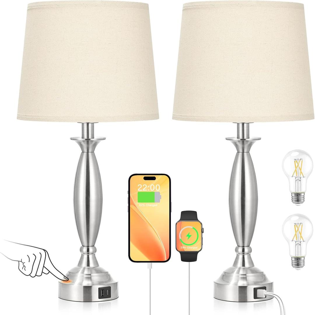 Seealle Beige Lamps for Bedrooms Set of 2 - Touch Control Bedside Lamp with USB C+A, 3 Way Dimmable Nightstand Lamps with USB Port, Table Lamp for Living Room(Beige Shade and Nickel Base)