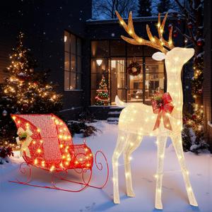JOYIN Lighted Christmas Reindeer & Sleigh Set, 4FT Outdoor Christmas Decorations for Yard, Warm White LED Lights Xmas Yard Decor, 3D Deer with Ground Stakes for Lawn Garden Porch Holiday Front Door