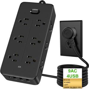 Power Strips with Surge Protection, Extension Cord with Multiple Outlets (9 AC +4 USB), 1250W/10A, Black Power Strip USB for Home Dorm Travel Office