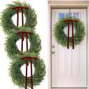 3 Pcs 20 Inch Christmas Norfolk Pine Wreath Artificial Real Touch Norfolk Wreath Winter Farmhouse Greenery Decoration with Ribbon Bow for Front Door Xmas Indoor Outdoor Home Decoration(Red)