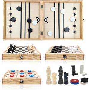 4 in 1 Wooden Fodable Fast Sling Puck Game Set Chess, Tic Tac Toe, Checkers Board Game for Kids & Adults, Portable Tabletop Family Toy for Travel & Game Night
