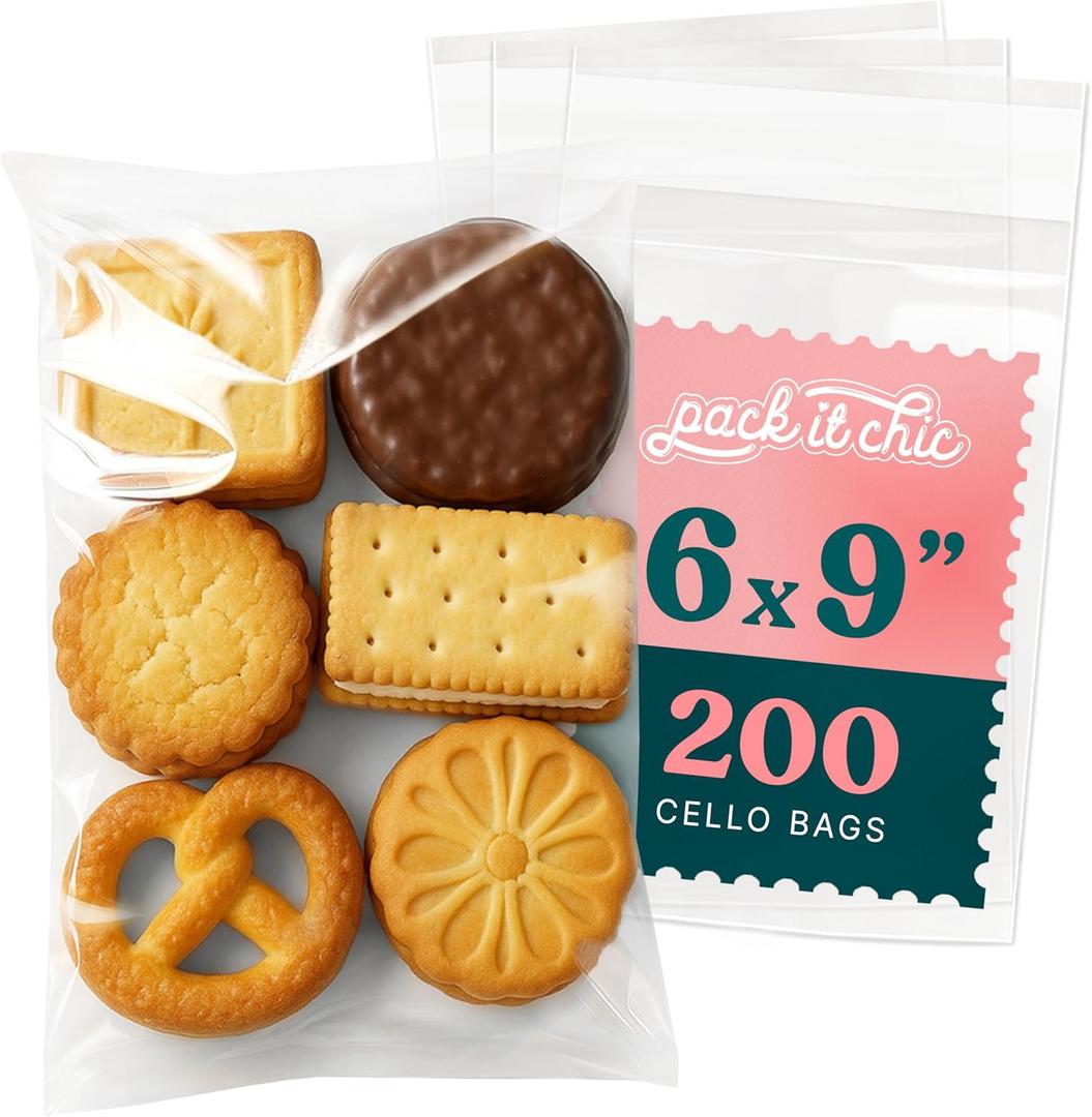 6" X 9" Self Sealing Cellophane Bags (200 Pack) - Clear Cookie and Pretzel Rod Bags With Seal for Baked Goods Packaging, Cookie Wrappers, Bakery Packaging, Bake Sale, Candy, Treats, Goodies, Gifts