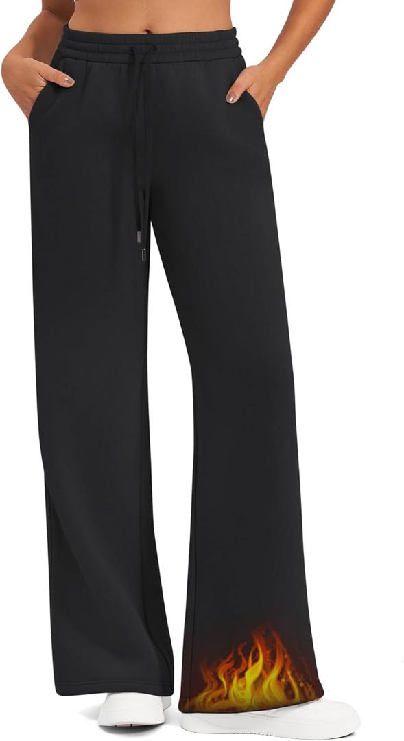 G4Free Flurrylux Fleece Lined Sweatpants Women Cotton Thermal Warm Wide Leg Pants with Pockets (Large Petite, Black)