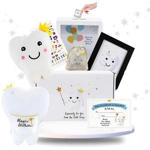 Tooth Fairy Gift Kit for First Lost Tooth  6-Piece Keepsake Set with Pillow, Coin Bank, Photo Frame, Tooth Bag, Stickers, Certificate  for Boys & Girls