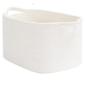 White Woven Rope Basket with Handles, Medium Rectangle Basket for Books, Toys, Towels, Square Decorative Baskets for Living Room, Nursery, Shelf Baskets for Bedroom, 13" x 10" x 9"