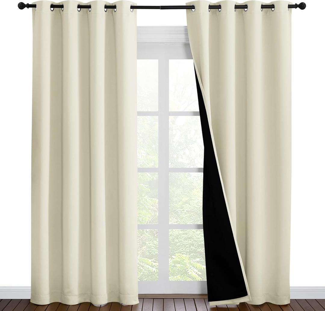 NICETOWN Living Room Completely Shaded Draperies, Privacy Protection & Noise Reducing Ring Top Drapes, Black Lined Insulated Window Treatment Curtain Panels (Beige, 2 Pieces, W55 x L86)
