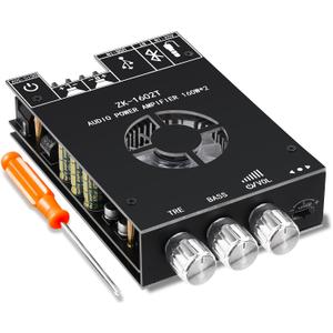ZK-1602T Bluetooth Amplifier Board,160W+160W 2.0 Channel Amp Board with Treble and Bass Control,DC 12-24V, Bluetooth and AUX Inputs, Audio Amp Board for Home DIY Wireless Speaker, Password Free