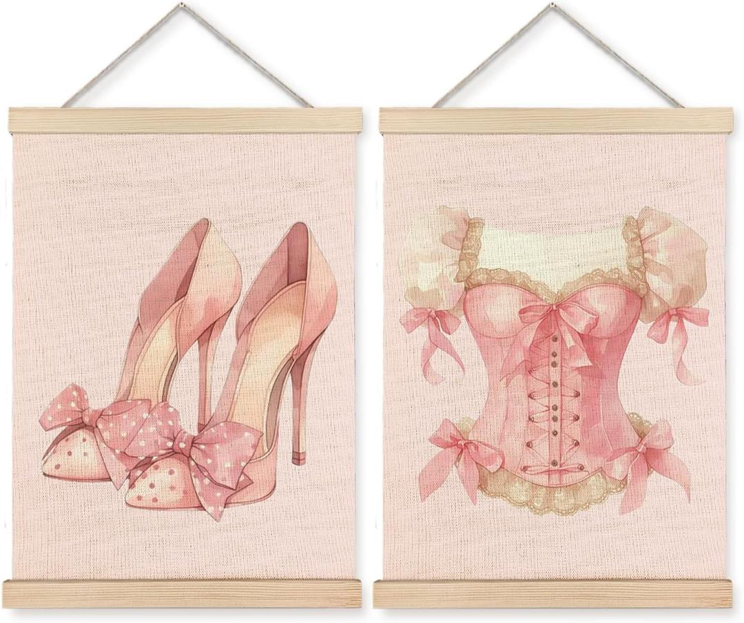 CIOJUNE Preppy Pink Bow High Heels Dress Girly Wall Art Poster Hanger Frame, Coquette Pink Canvas Prints Wall Art for Girls Bedroom Dorm Decor, Coquette Room Decor, 12x16 Inch Set of 2