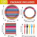 100PCS Mexican Fiesta Plates and Napkins Sets 5 Mayo Plates Mexican Fiesta Party Table Decor Supplies Serape Taco Paper Plate Disposable Tableware Colorful Stripes Pattern for Mexico Taco Party