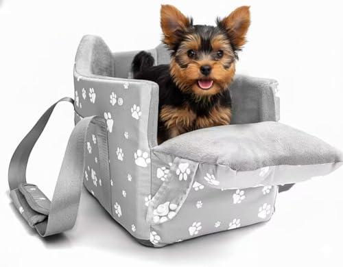 Cullaby Center Console Dog Car Booster Seat for Small Dogs 0-15 lbs - Grey Pet Travel Carrier Safety Leash, Detachable Seat Belt & Storage Pockets