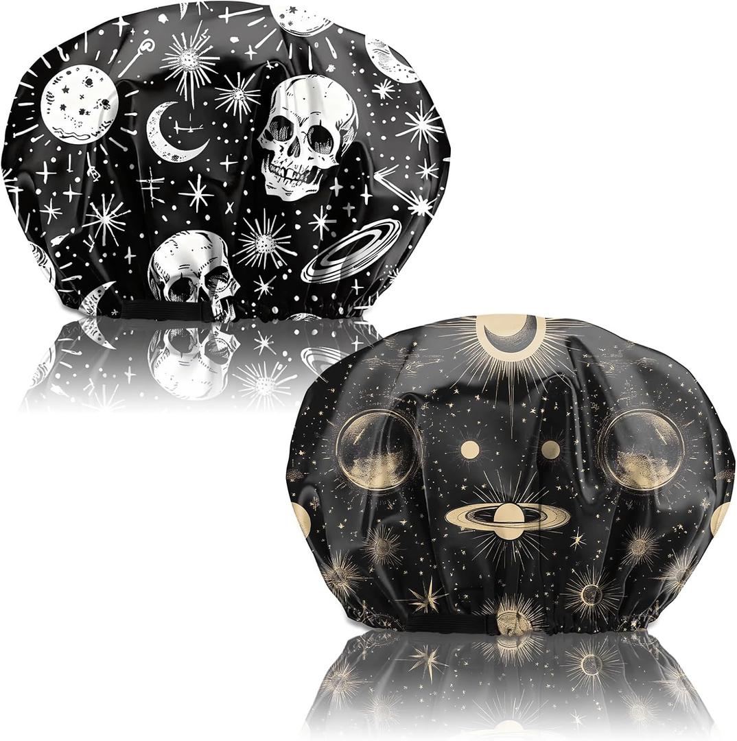 2PCS Satin Hair Bonnet Silk Bonnet for Sleeping Adjustable Double Layer Elastic Reusable Hair Caps Cute Women Girls (Ab15-black)