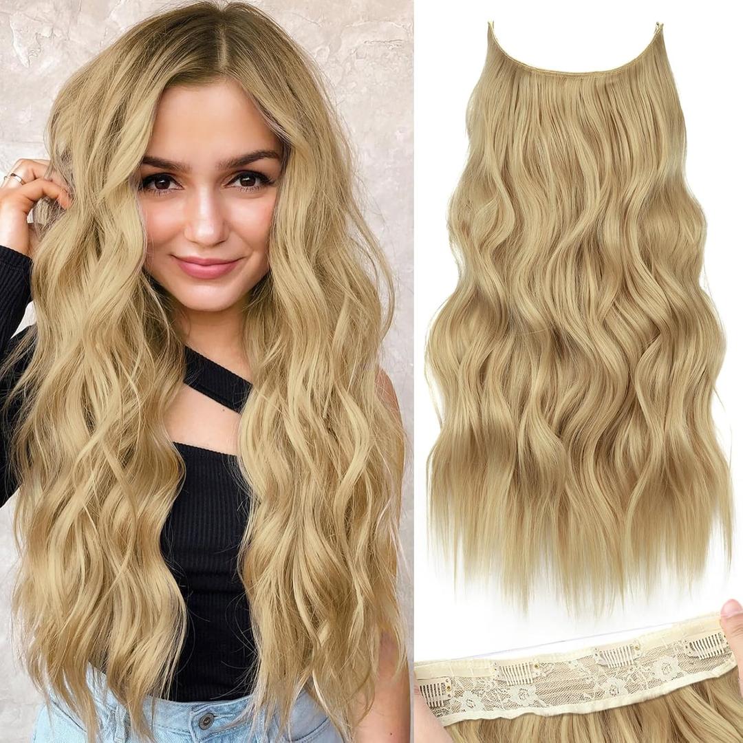 KooKaStyle Invisible Wire Hair Extensions with Transparent Wire Adjustable Size Long Wavy Synthetic Hairpiece Golden Blonde 20 Inch with 4 Secure Clips for Women