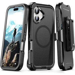 for iPhone 17 Case with Belt Clip Holster, Anti-Shock, Anti-Slip, Compatible with MagSafe, 3-Layer Drop Protection, Heavy Duty Magnetic Phone Case Cover 17 6.3", Black