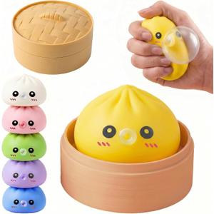 Dumpling Squishy Toy with Bubble Blowing Feature, Squishy Dumpling Stress Relief Toy, Cute Bao Bun Squeeze Toy with Steamer Box, Soft Sensory Fidget Desk Toy Gift (1, Yellow)