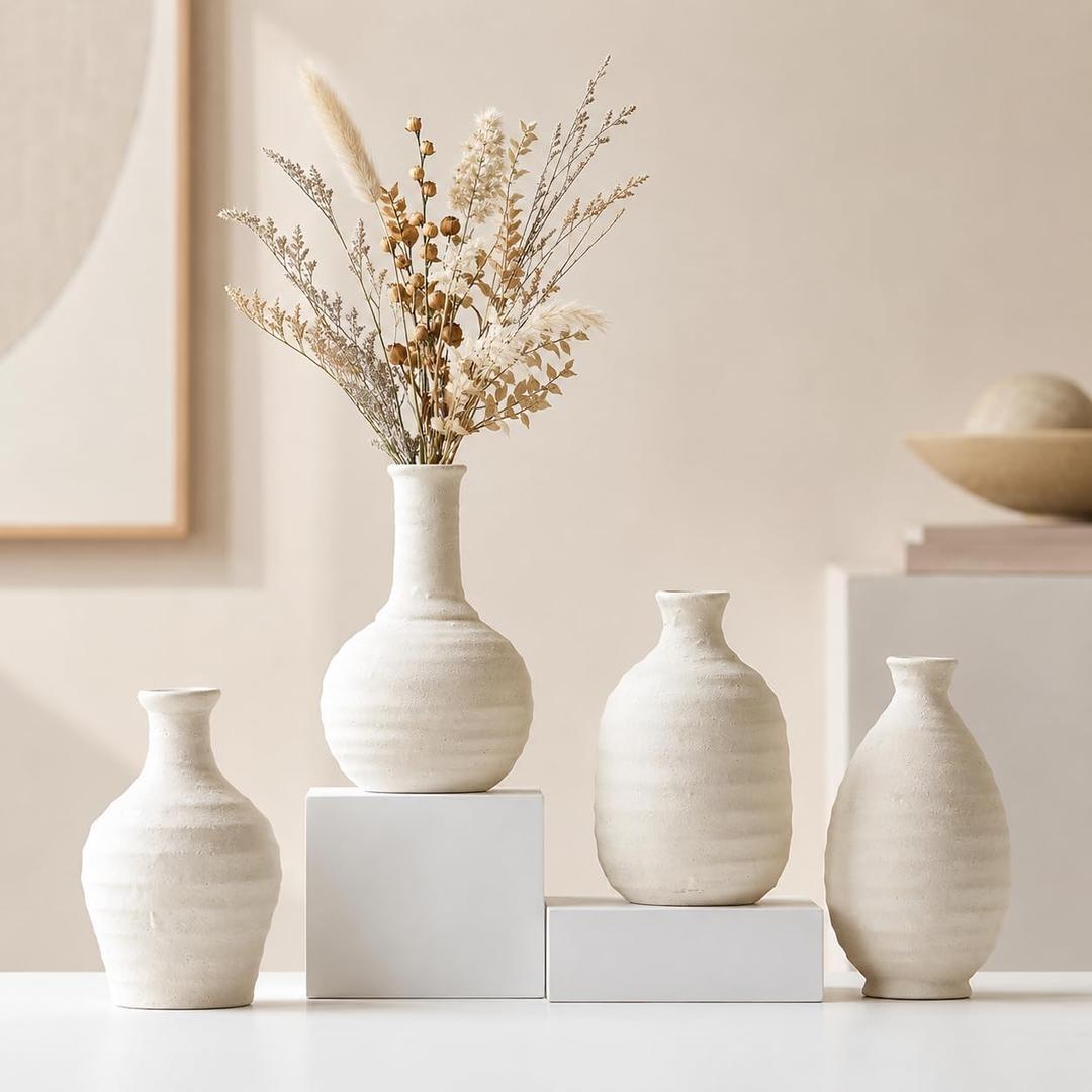 White Textured Ceramic Vases Set of 4, Small Rustic Pottery Vases for Dried Flowers, Minimalist Farmhouse Decorative Bud Vases for Table Shelf Living Room Home Decor